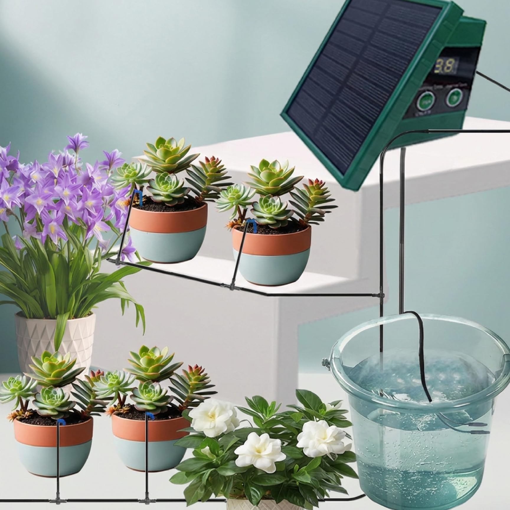 Irrigazione solare a goccia - Kit di irrigazione automatica delle piante con pannello solare e timer, giardino interno ed esterno
