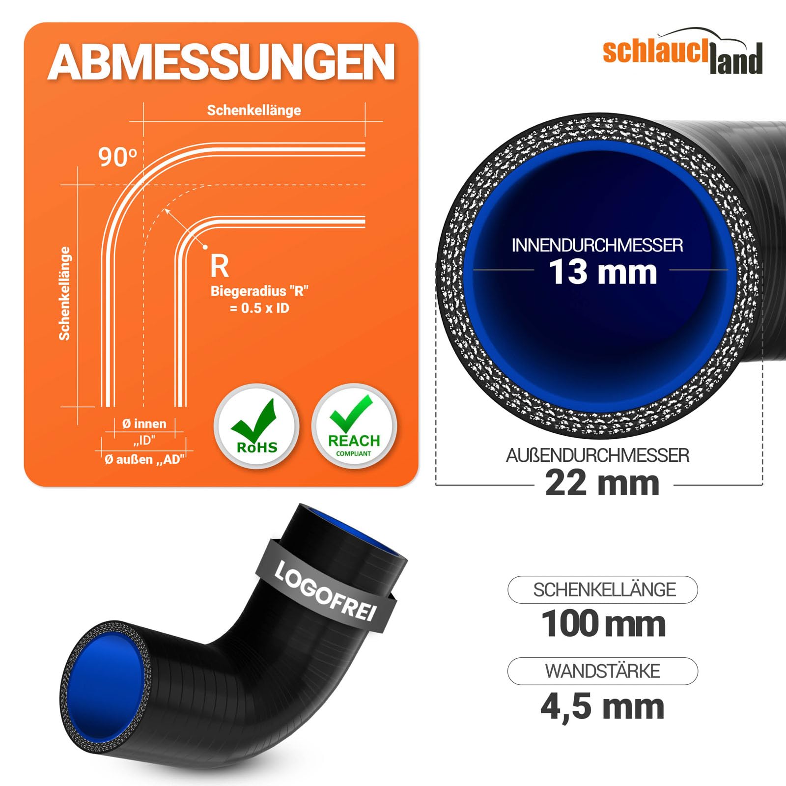 Silikon-Bogen 90° Grad ID-Ø 13mm schwarz 200°C | VIELE FARBEN + GRÖSSEN | Silikon-Schlauch Hochtemperatur Ladeluft LLK Kühler Schlauchbogen Rohr Turbo Motor Kühlmittel Ansaugung Gummi flexibel