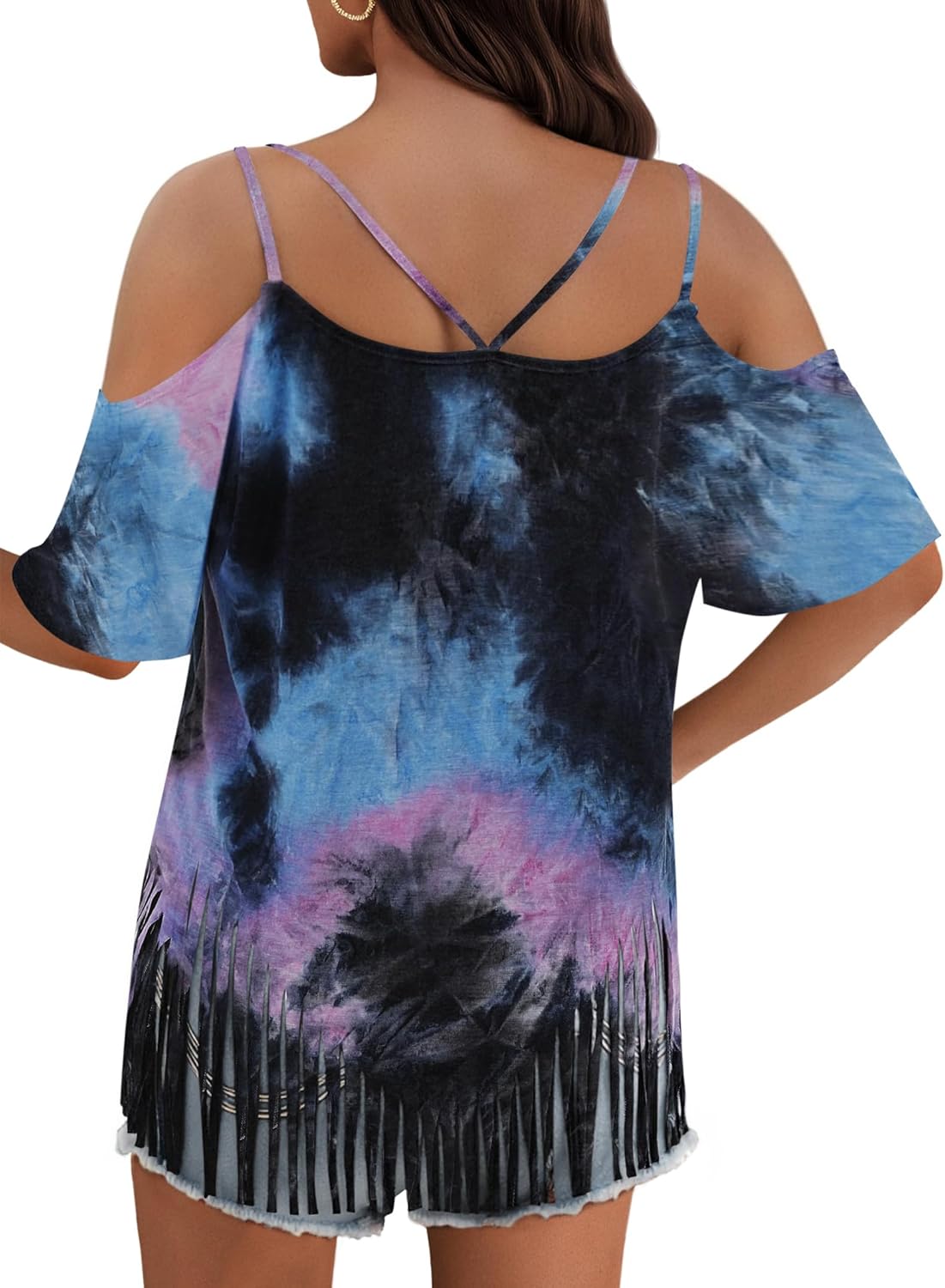 Remidoo Fringe Tops for Women Oversized T Shirt Bell Short Sleeve Sexy V Neck Shirts - Image 2