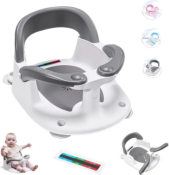 Wddbb Baby Bath seat for Babies 6 Months & up, 360° Stable Toddler Bath Chair with one-Touch Button, Back Hollow Design, Water Temperature Card & 4 Suction Cups for Safety (Gray)