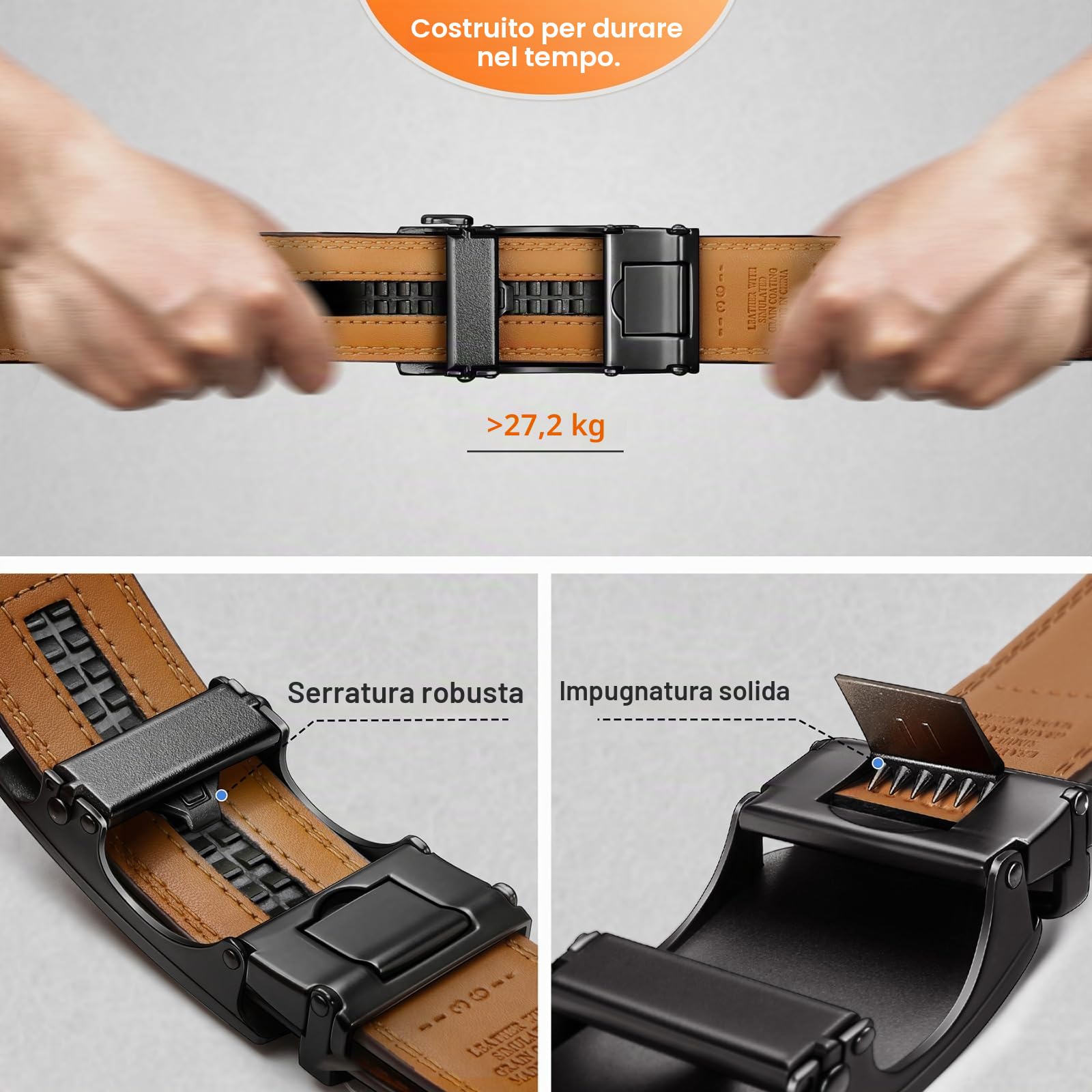 KEMISANT Cintura Uomo 2 Pezzi, Cintura Uomo Pelle Cricchetto Automatica Fibbia 35mm,Trim Regolabile per Adattars