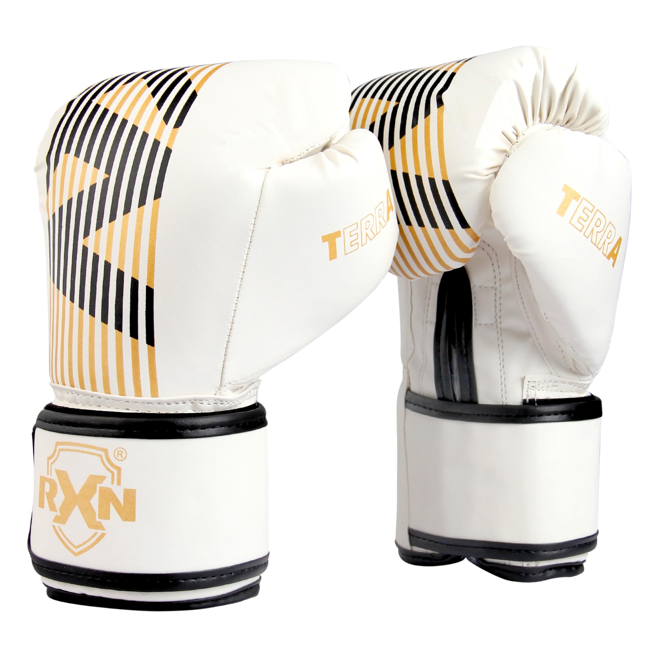RXN Terra Boxing Gloves, Pro Training & Sparring, Maya Hide Leather, Muay Thai, MMA, Kickboxing, Men & Women, Heavy Punching Bag, Focus Mitts & Pads, Ventilated Palm, Padded (White Gold, 12OZ)-image-48