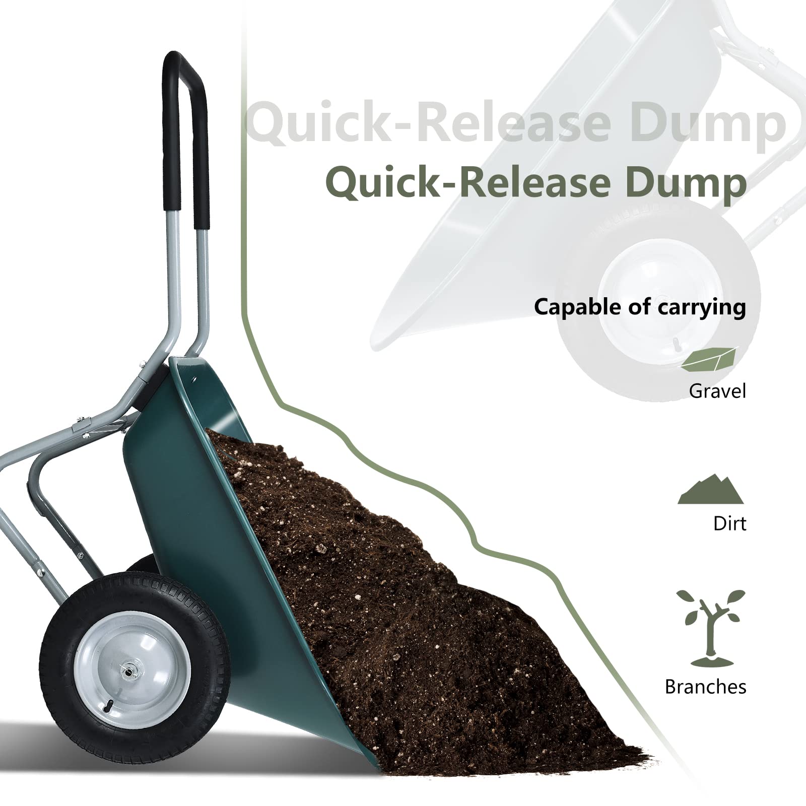 Moccha 2-Tire Wheelbarrow, 330lbs Capacity Garden Wagon w/Two 13” Pneumatic Tires, Heavy Duty Yard Cart, Easy Loading and Dumping Garden Cart for Lawn Construction Sites, Utility Wheel Barrel (Green)