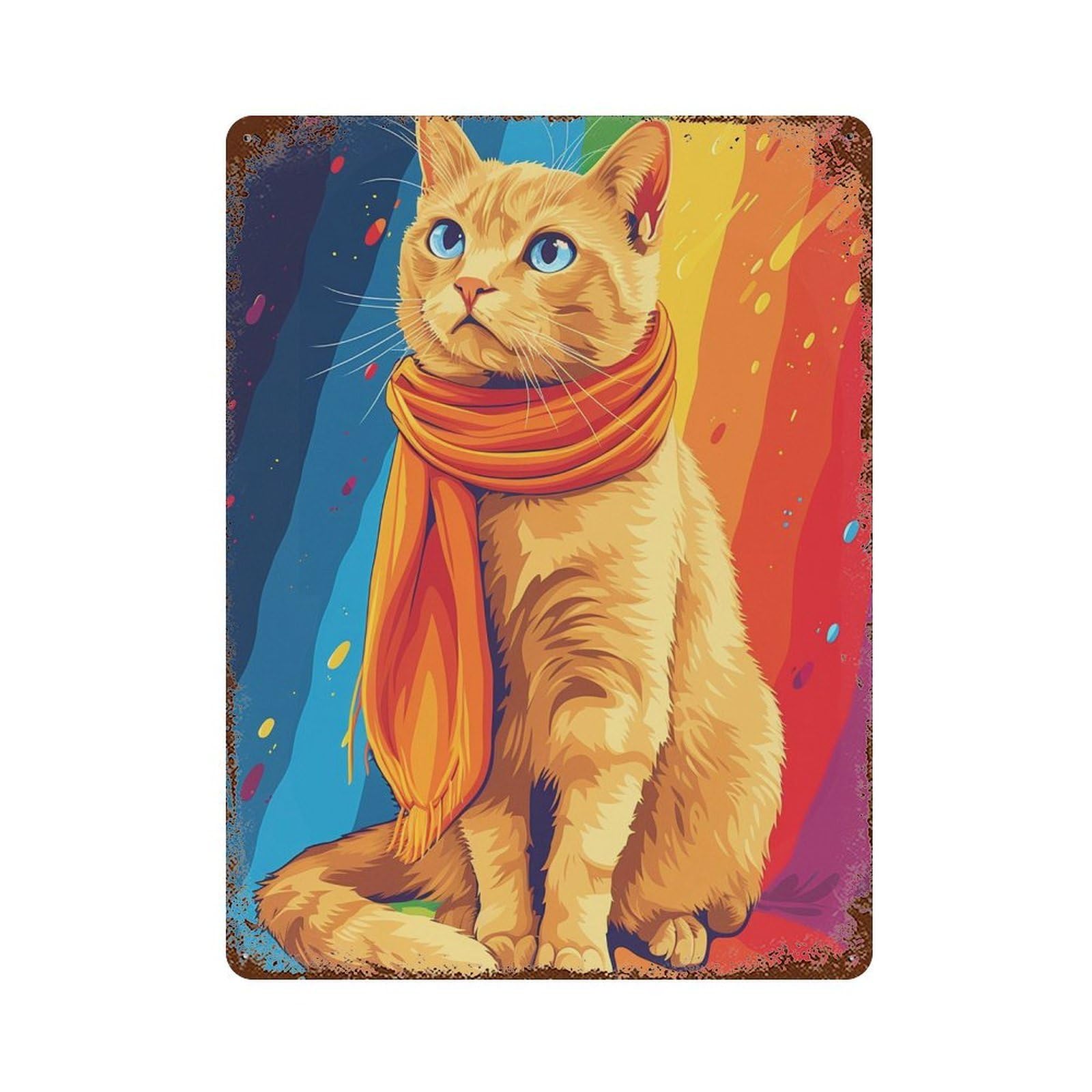 Rainbow Cat with Scarf Vintage Rust Metal Sign 15.7"x11.8", Shabby Chic Decor for Living Room, Hallway And Home Decor