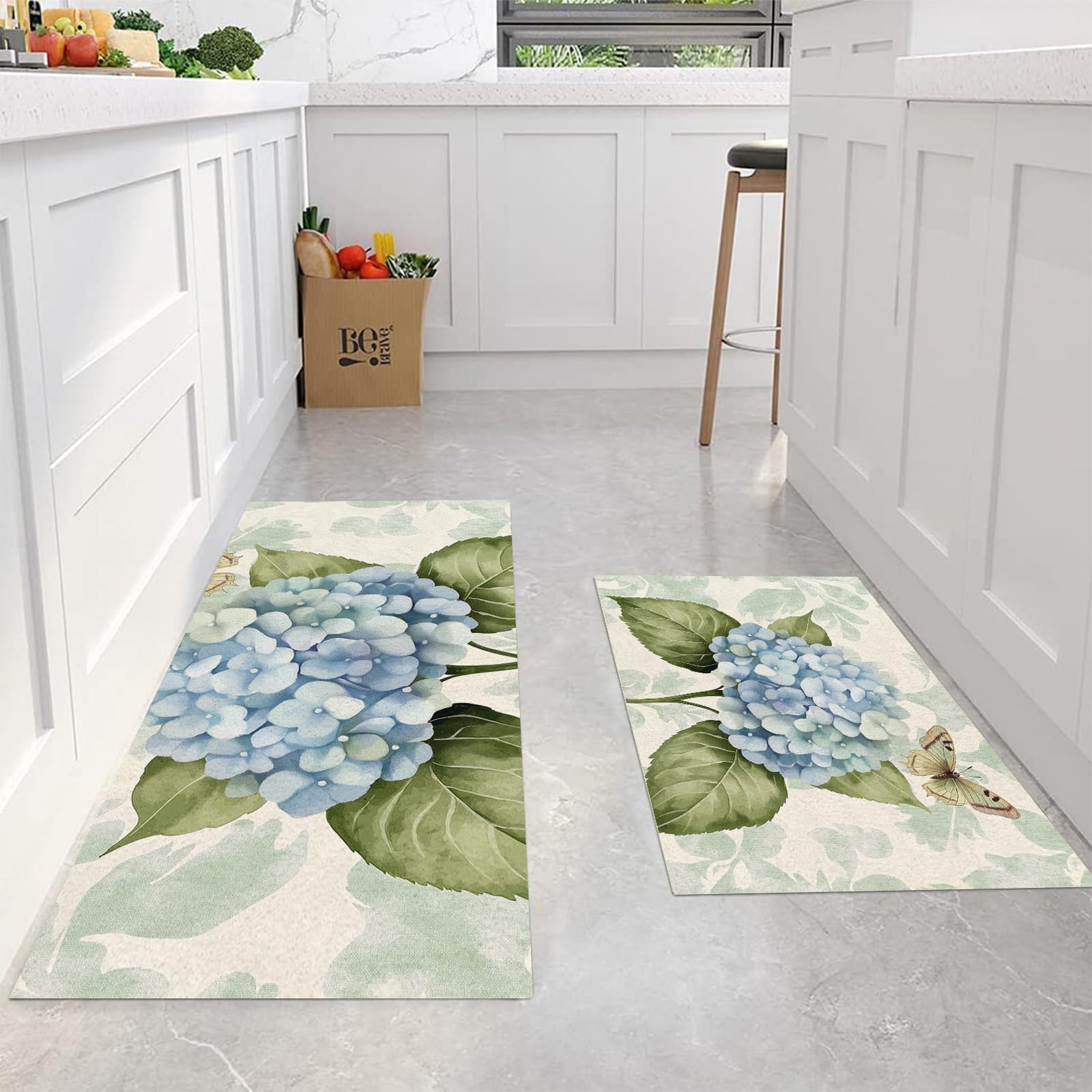 GDJSMIN Juego De 2 Alfombras Antideslizantes De Cocina, Hortensia Azul Acuarela Alfombras Antifatiga Duraderas, Exuberantes Hojas Verdes Felpudos Lavables para Cocina,43×75Cm+43×150Cm