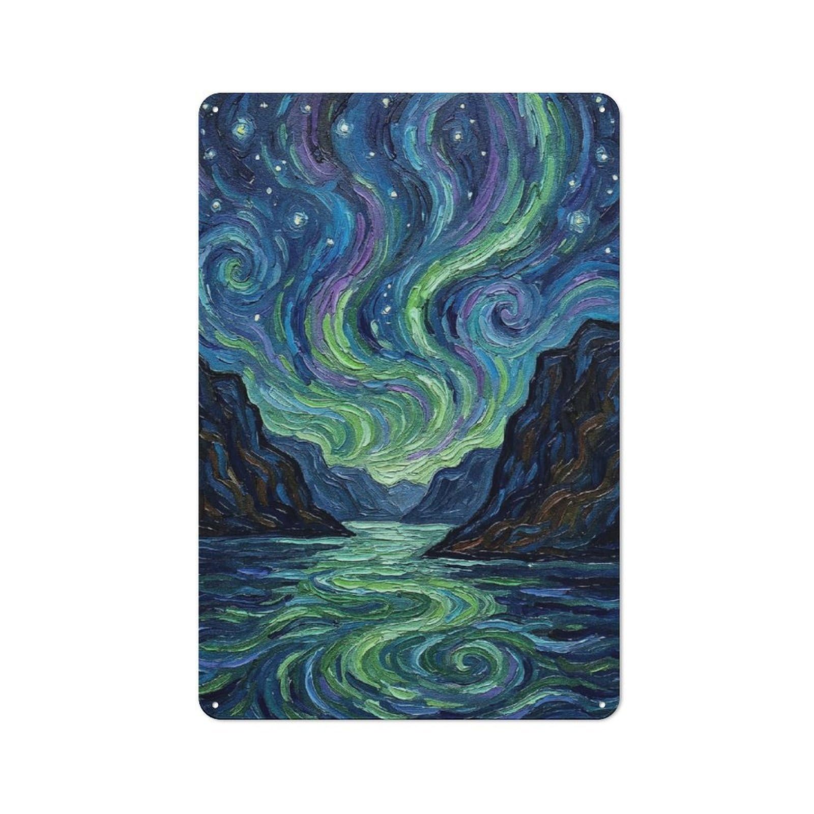 Understated Aurora Borealis Over Mountains And Water Metal Wall Plaque 30x20cm, Creative Space Decor for Office, Study, Studio Or Hallway