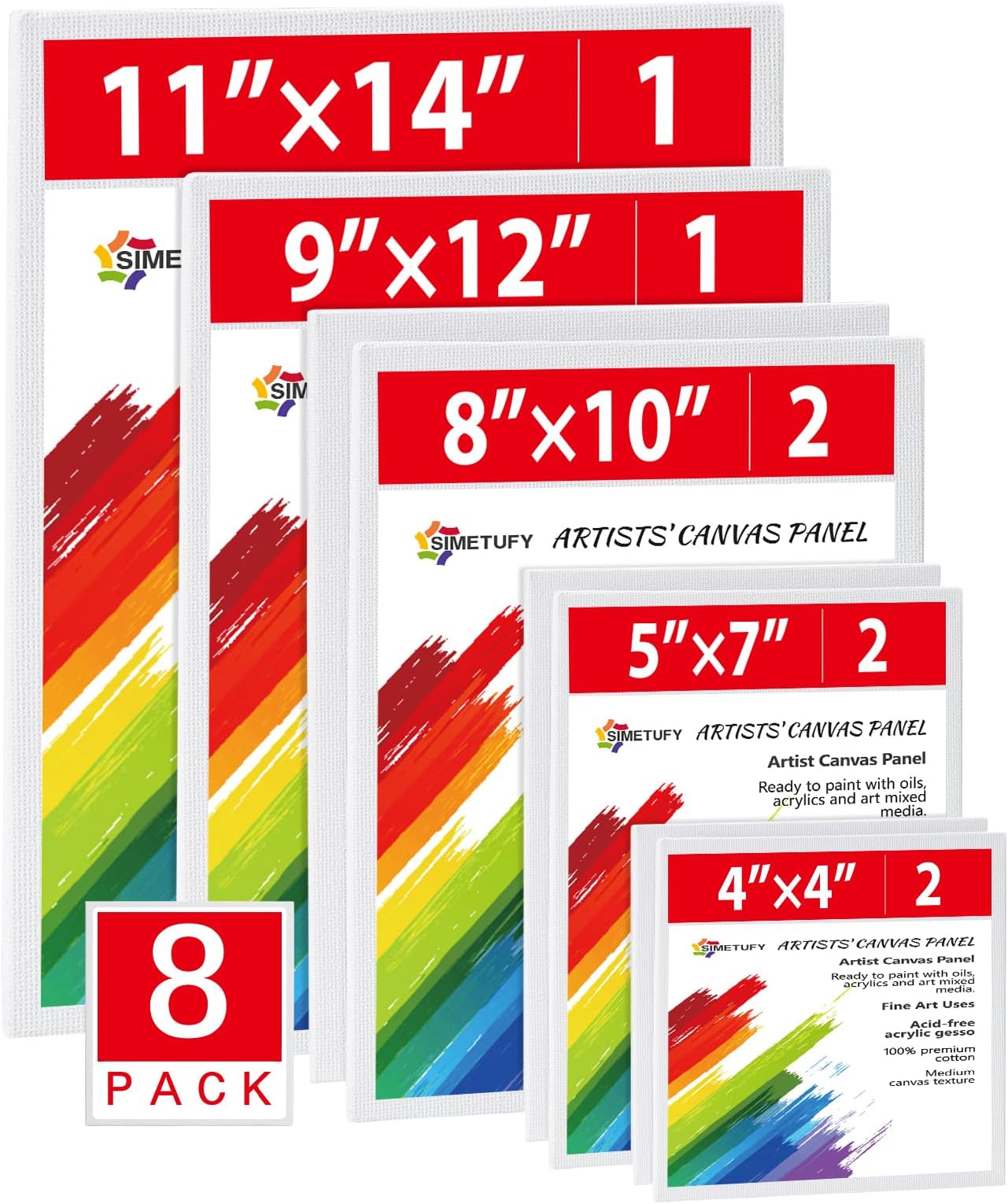 Simetufy 8 Pack Canvas Boards for Painting Multi-Size Paint Canvas Panels Set 4x4, 5x7, 8x10, 9x12, 11x14 Inches Pre-Primed 100% Cotton for Oil Acrylic Paint for Kids Beginners