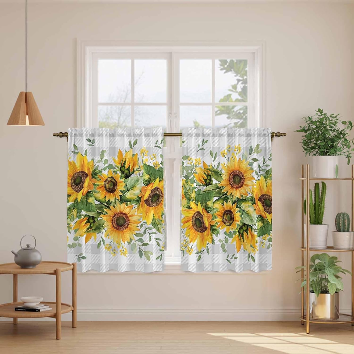 Sunflower Plaid Kitchen Curtains, Retro Yellow Green Floral Leaf Grey Light Filtering Window Curtain Panels, 2Pcs Rod Pocket Window Treatments Set for Cabin Bathroom Bedroom 52x45 Inches