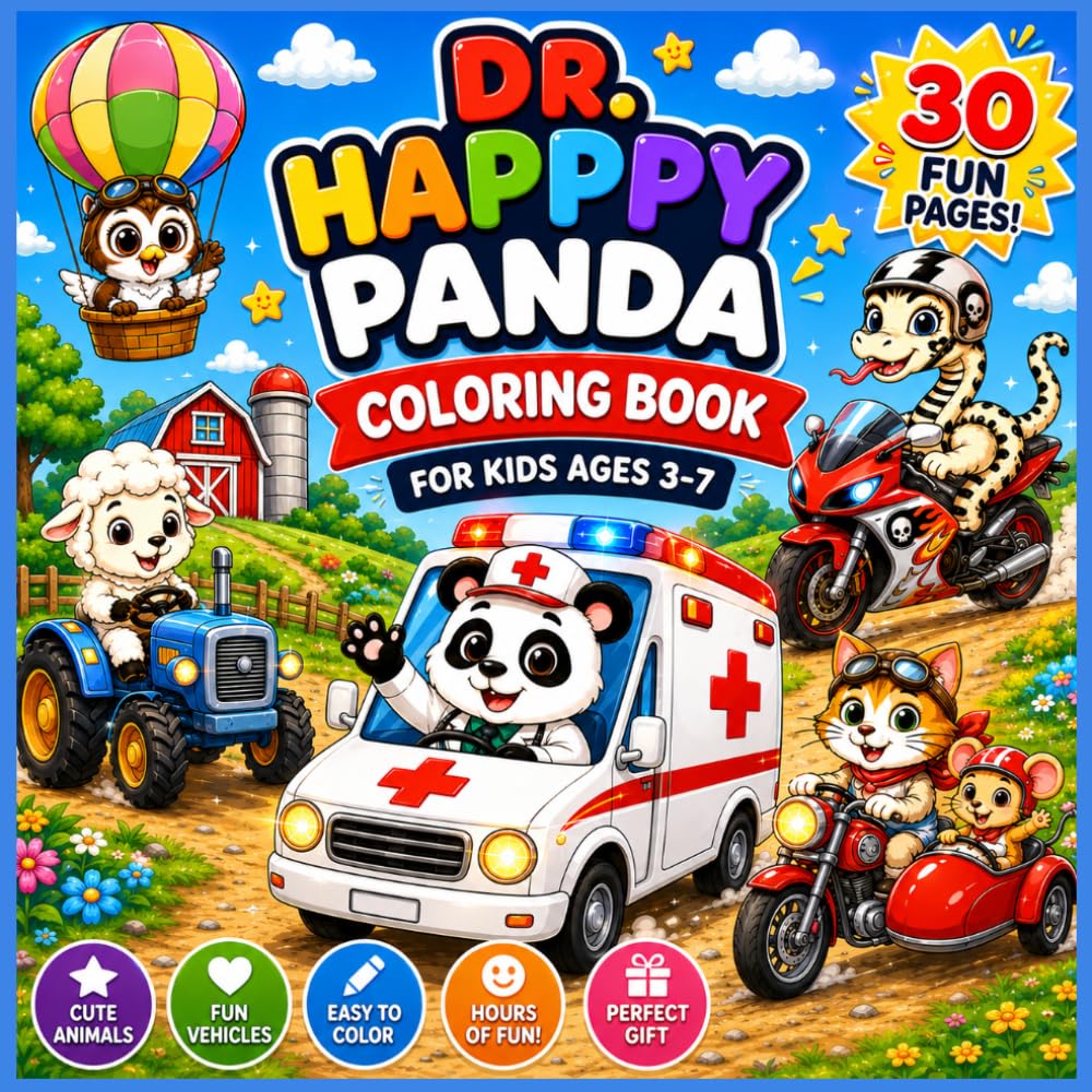 Cute Animals & Vehicles Coloring Book: Fun and Easy Coloring Pages for Kids Ages 3–7