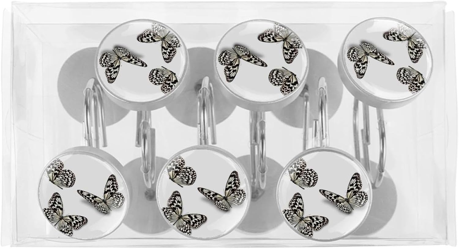 Black Butterfly Shower Curtain Hooks - 12 Pack Decorative Rustproof Rings - Insect Design Bathroom Hardware