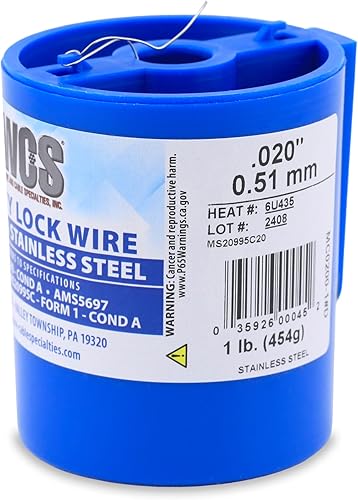 Alambre de bloqueo, T302/304 de acero inoxidable, NASM20995, MS20995C, ASTM A580 Cond A, AMS5697, 0.020 pulg (0.51 mm), 1 lb (0.45 kg) Lata