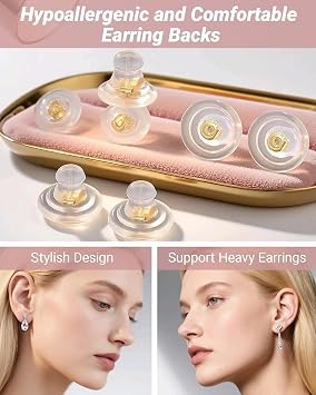12 Pcs Silicone Earring Backs, Sliver Plated Ear Ring Backs Secure for Heavy Studs, Hypoallergenic Soft Clear Earring Supports Replacements