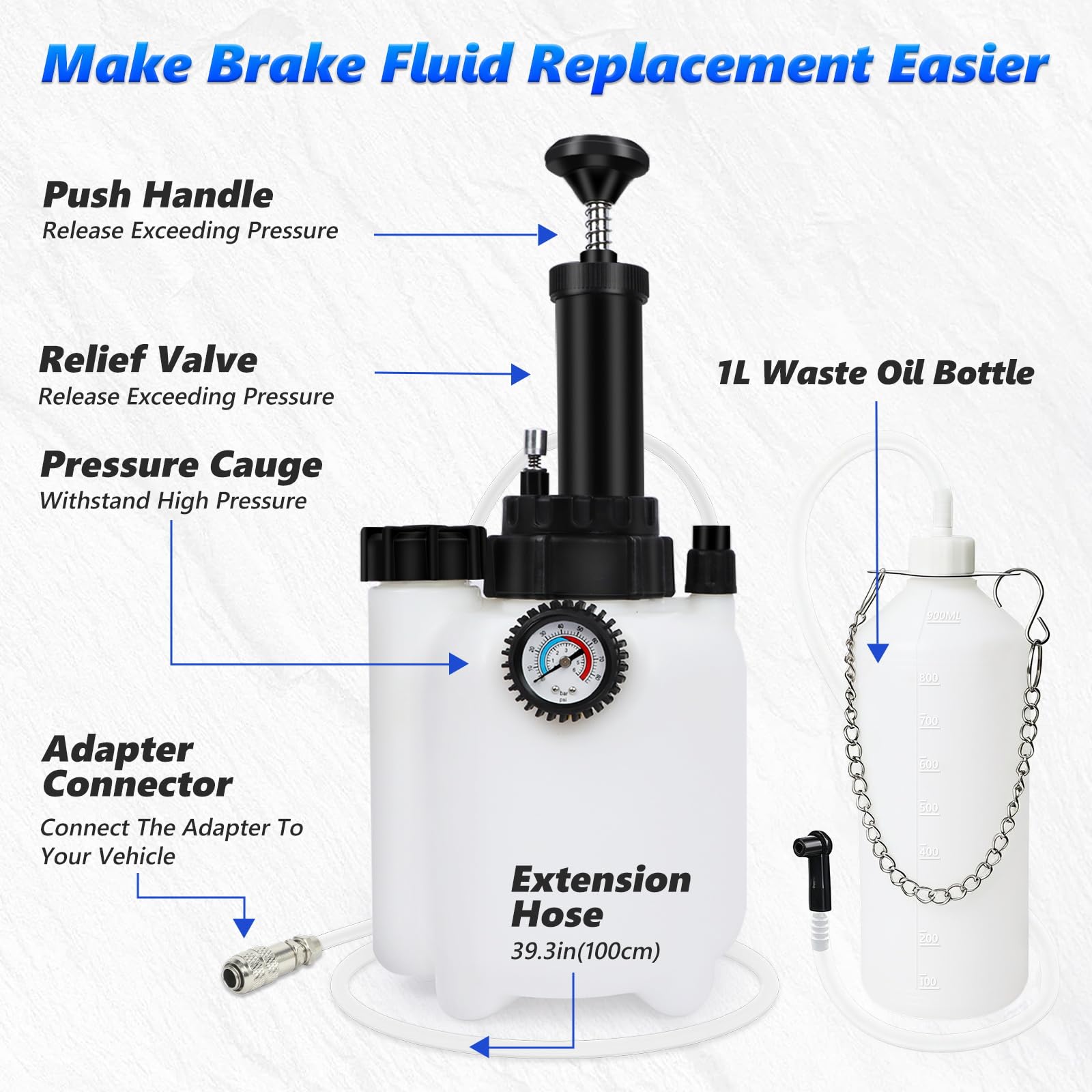 BELEY 3L+1L Kit de Purga de Frenos Manual con 5 adaptadores | Para Cambiar el Líquido de Frenos, Manómetro integrado, Apto para Modelos de Toyota, Renault, Volkswagen, Peugeot, etc