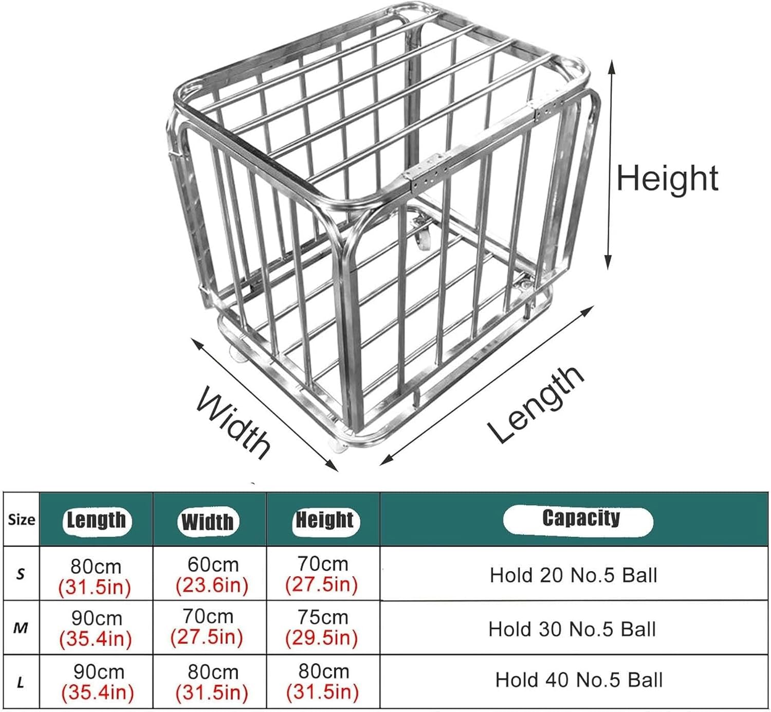 Mobile Ball Storage Locker Basketball Cart on Wheels, Stainless Steel Commercial Large Sports Equipment Organizer Football Bin with Lid, Indoor Outdoor~/