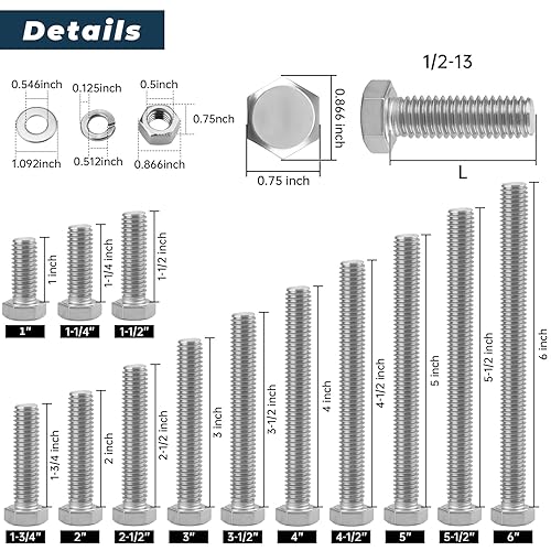 Miniatura 2 de 4 juegos Glvaner 1/2-13 x 3 tornillos de cabeza hexagonal de acero inoxidable, tuercas, arandelas planas y de bloqueo, acero inoxidable 18-8 (304)