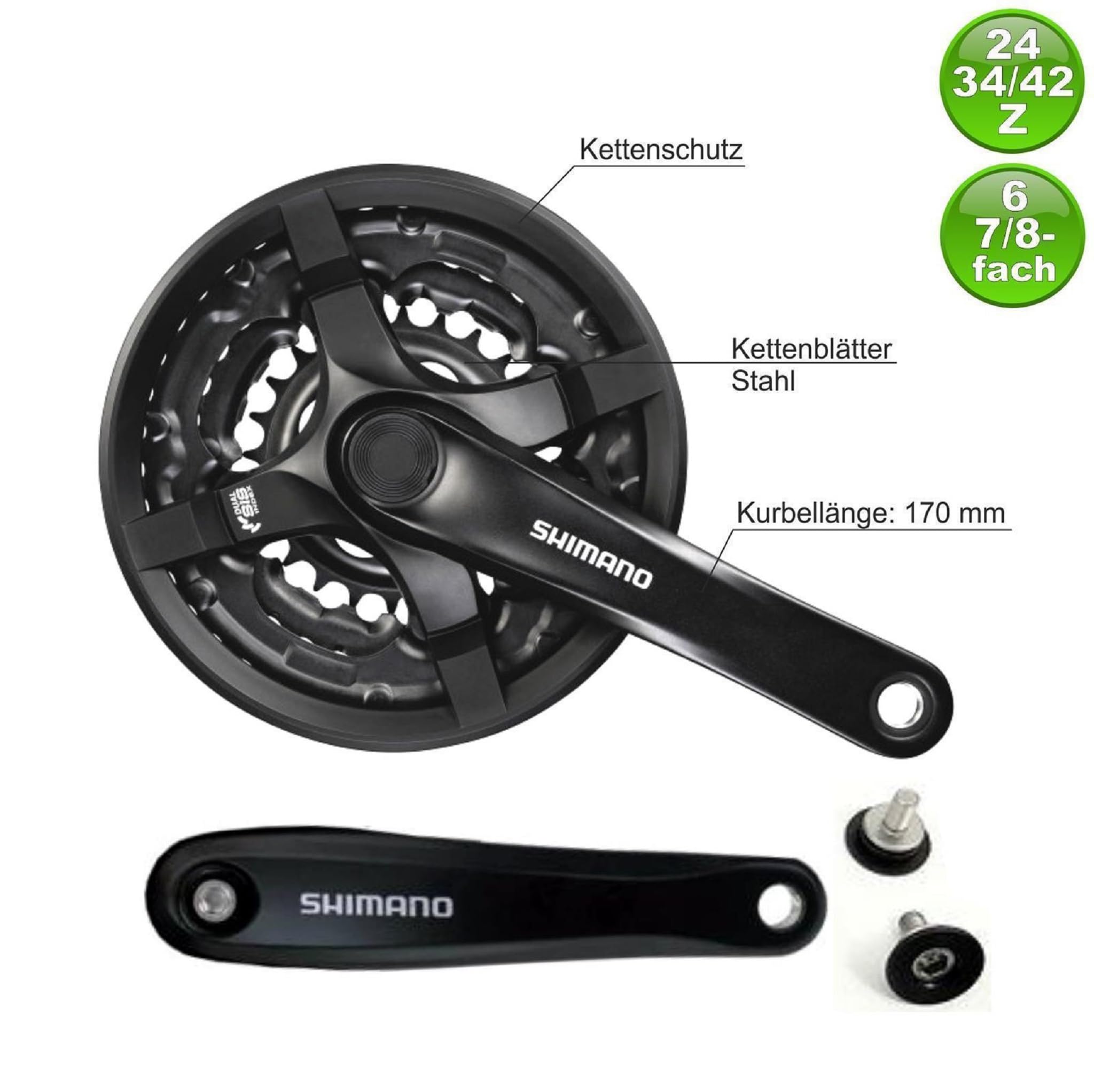 maxxi4you Shimano Kurbelgarnitur Toruney Schwarz FC-TY501 (170 mm) 24/34/42 Zähne inkl Reflexband