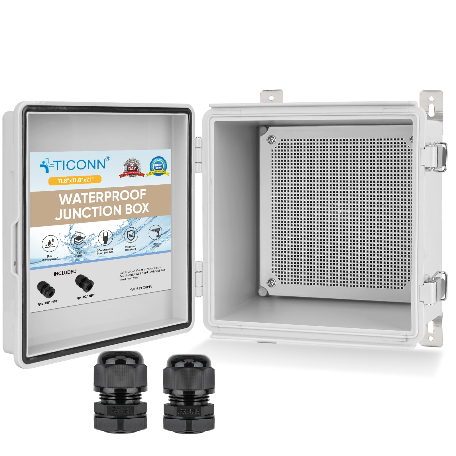 TICONN Waterproof Electrical Junction Box IP67 ABS Plastic Enclosure with Hinged Cover with Mounting Plate, Wall Brackets, Cable Glands (Off-White, 11.8"x11.8"x7.1")