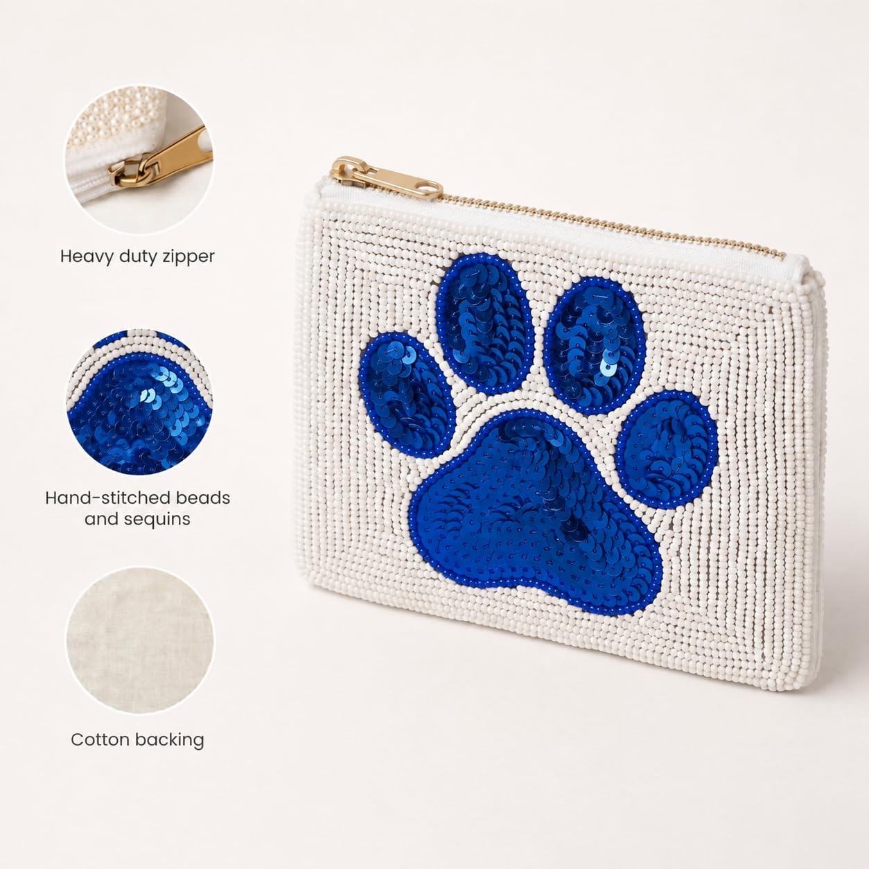 Beaded Coin Purse Change Zipper Pouch Wallet Paw Print Royal