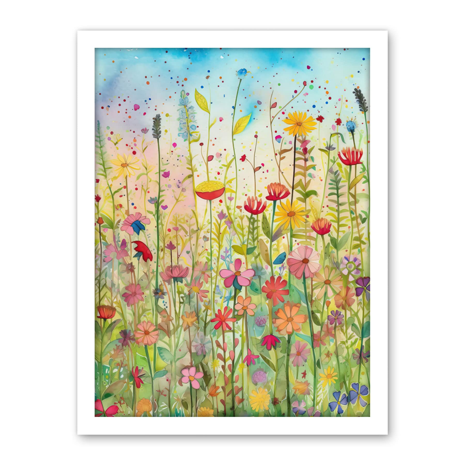 Artery8 Summer Wild Flower Blossom Meadow Folk Art Artwork Framed Wall Art Print 18X24 Inch