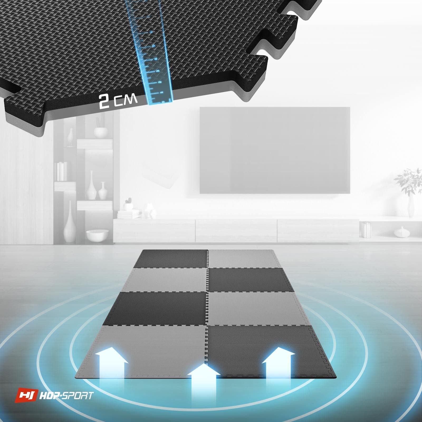 Hop-Sport Puzzlematte 4er, 8er, 12er Set zur Auswahl - Extra Dicke Unterlegmatte für Fitnessgeräte als Rutschfester Bodenschutz - Größe 60 x 60 x 2 cm (schwarz/grau 8 Stück)