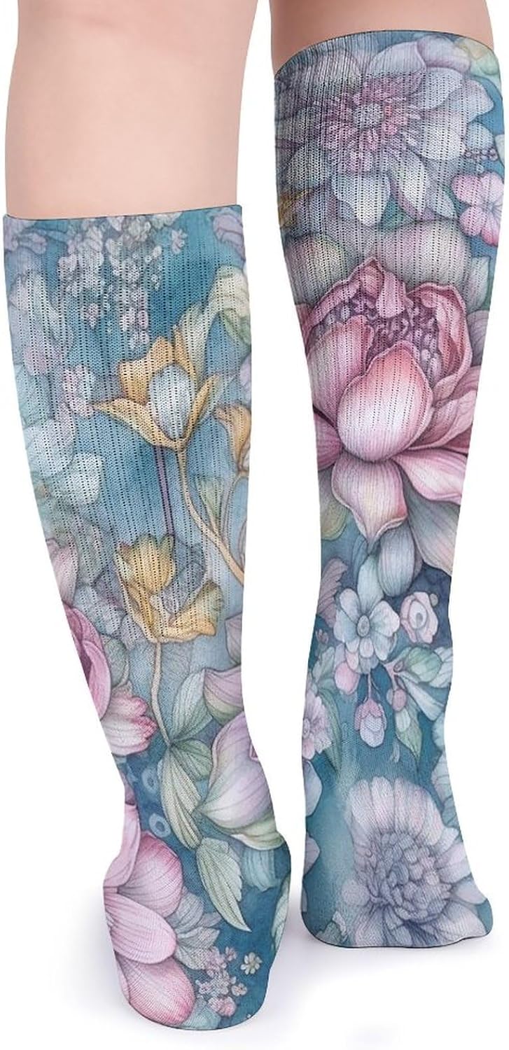 Breathable Crew Sock, Moisture Wicking, Athletic Calf Socks, Cozy | Blue Style Flowers Compression Socks for Women Men, Lightweight High Work Socks for Business, Casual
