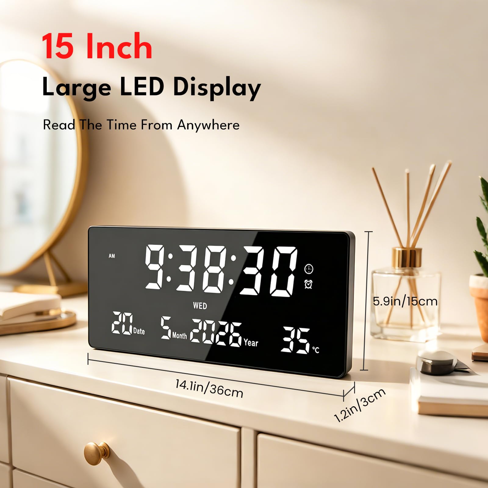 Orologio da Parete LED, 15" Grande Sveglia Digitale Telecomando | 6 Sveglie, Calendario, Temperatura, Data, Settimana, Secondi | Memoria + 3 Luminosità | Orologio da Parete e Tavolo
