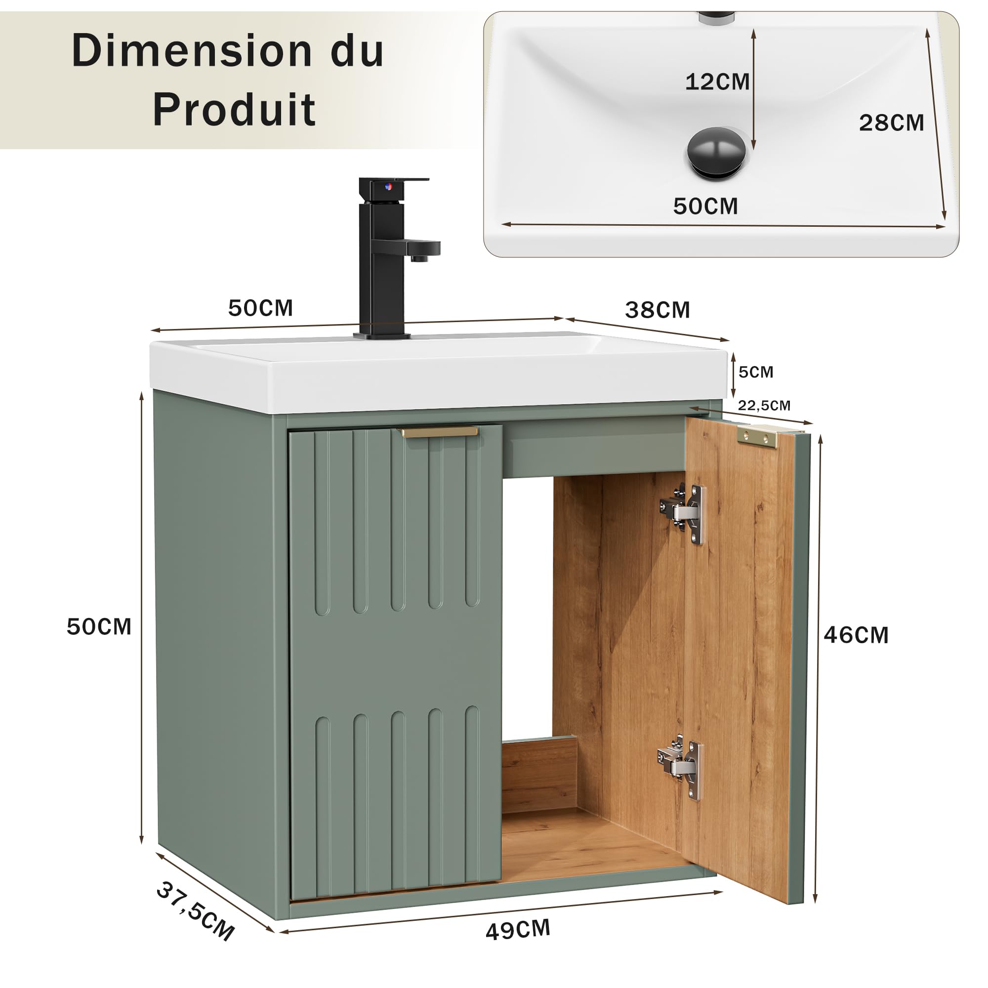 UEV Meuble de Salle de Bain Suspendu avec Vasque - Armoire sous-Lavabo 2 Portes Finition Bois - Gain de Place & Entretien Facile, Idéal pour Petites Salles de Bain et WC 50 x 38 x 55 cm, Vert
