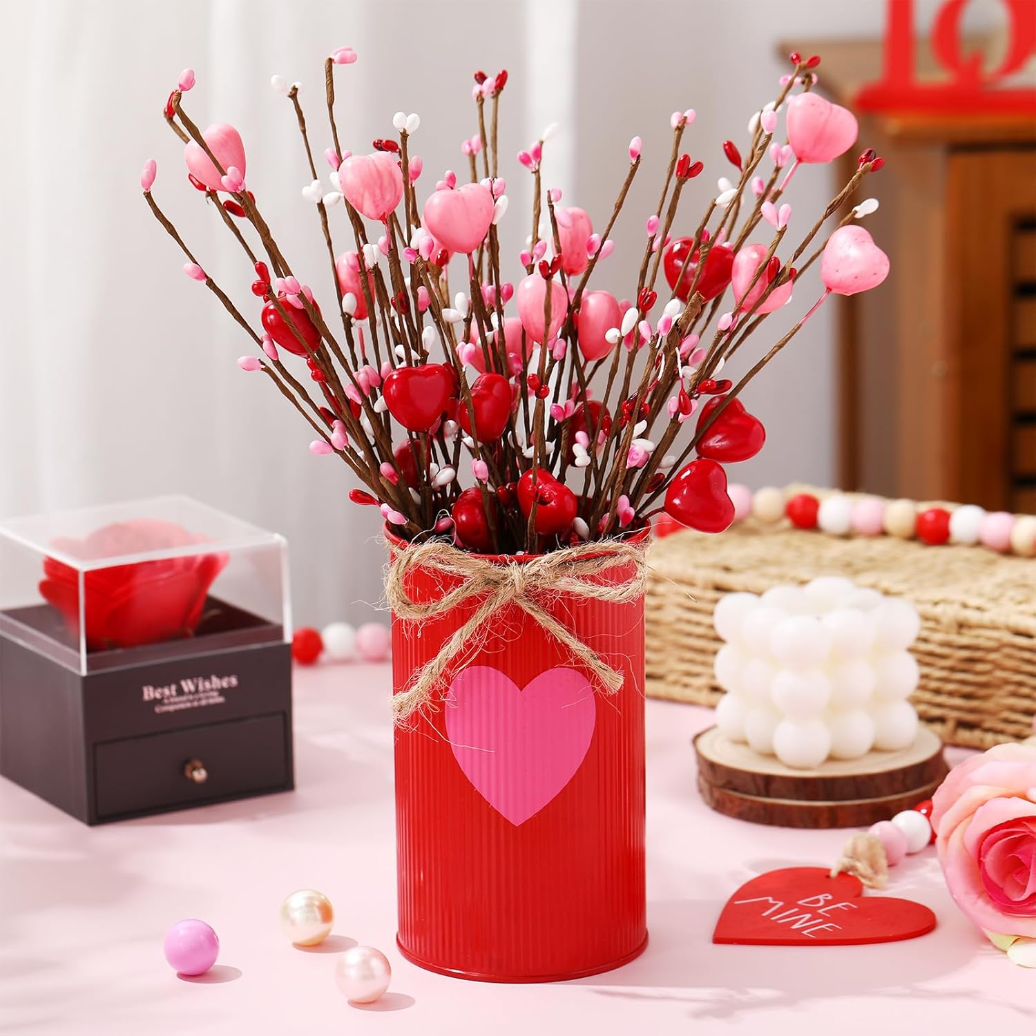 SiliFine Valentine's Day Table Centerpiece Decor Romantic Artificial Flower Stems Floral Heart Shaped Berry Picks with Metal Pots for Wedding Party Hotel Office Home Decoration (Red and Pink)