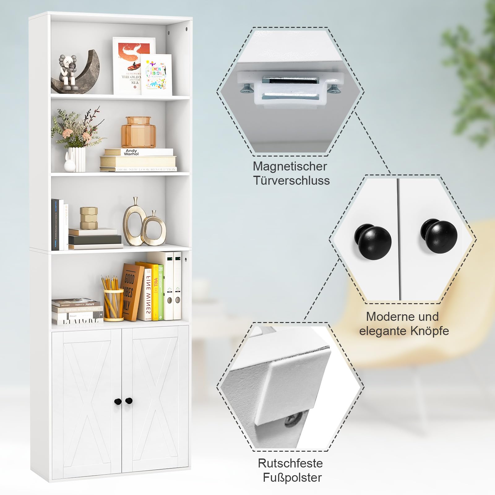 COSTWAY Bücherregal mit Türen & 4 offenen Fächern, 180 cm hohe Bücherschrank, Standregal, Aufbewahrungsregal für Wohnzimmer, Schlafzimmer, Küche, Weiß