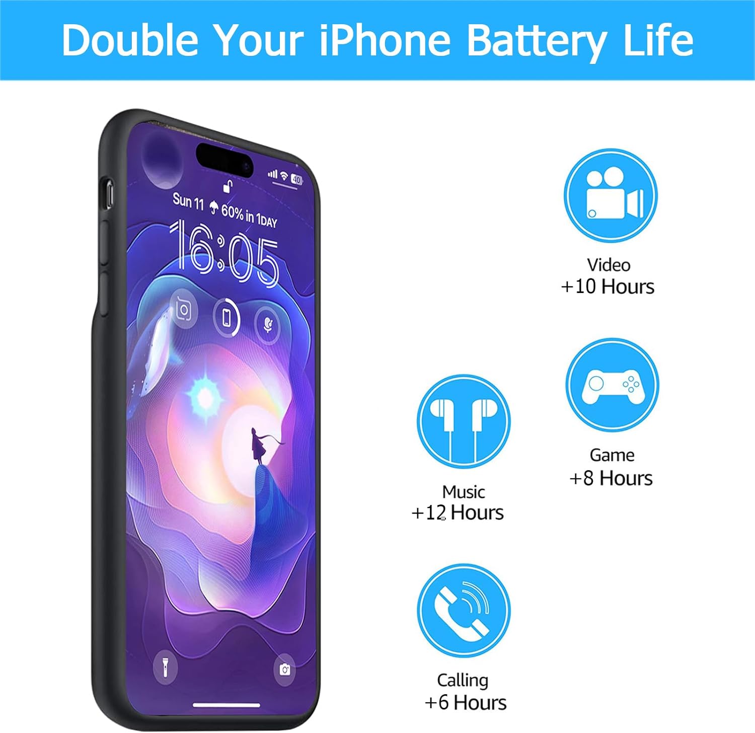 Battery Case for iPhone 16 Pro Max, 12000mAh Enhanced Portable Protective Qi Wireless Charger Case Battery Pack with CarPlay Wireless Charging Compatible for iPhone 16 Pro Max (6.9 inch)-Black