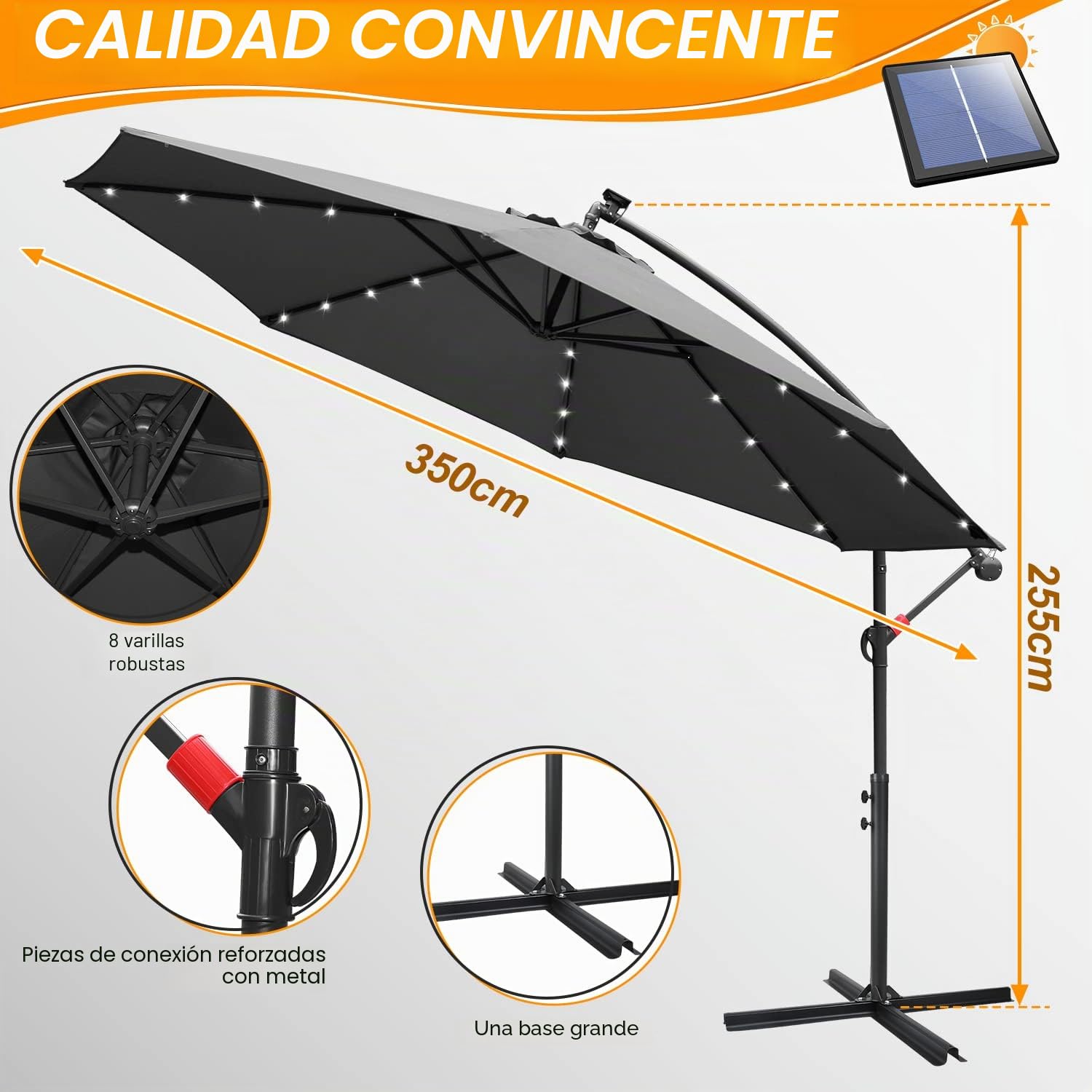 Fiqops Sombrilla de 300-350 cm de diámetro, con manivela con/sin luces led solares, con soporte, para jardín, protección solar, protección ultravioleta, sombrilla de mercado impermeable con manivela