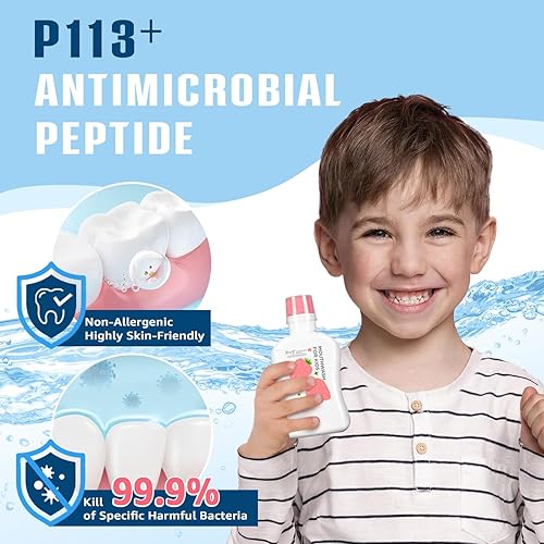 Miniatura 2 de Enjuague bucal para niños, enjuague bucal sin alcohol y flúor para niños, P113+, sabor a uva, 11.08 onzas líquidas