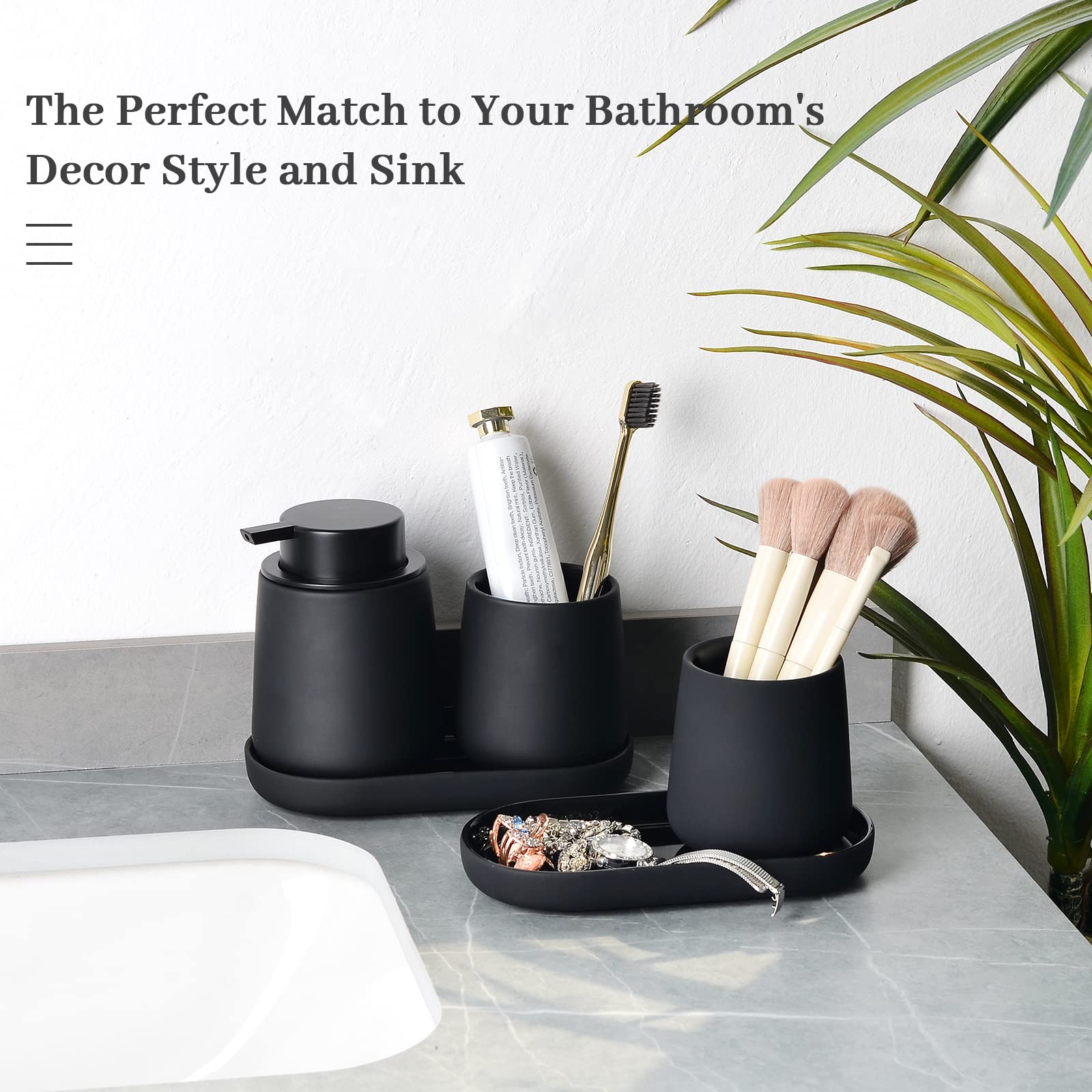 Juego de baño de cerámica, 12 onzas, dispensador de jabón, soporte para cepillos de dientes, jabonera, adecuado para cocina, baño, lavabo, negro
