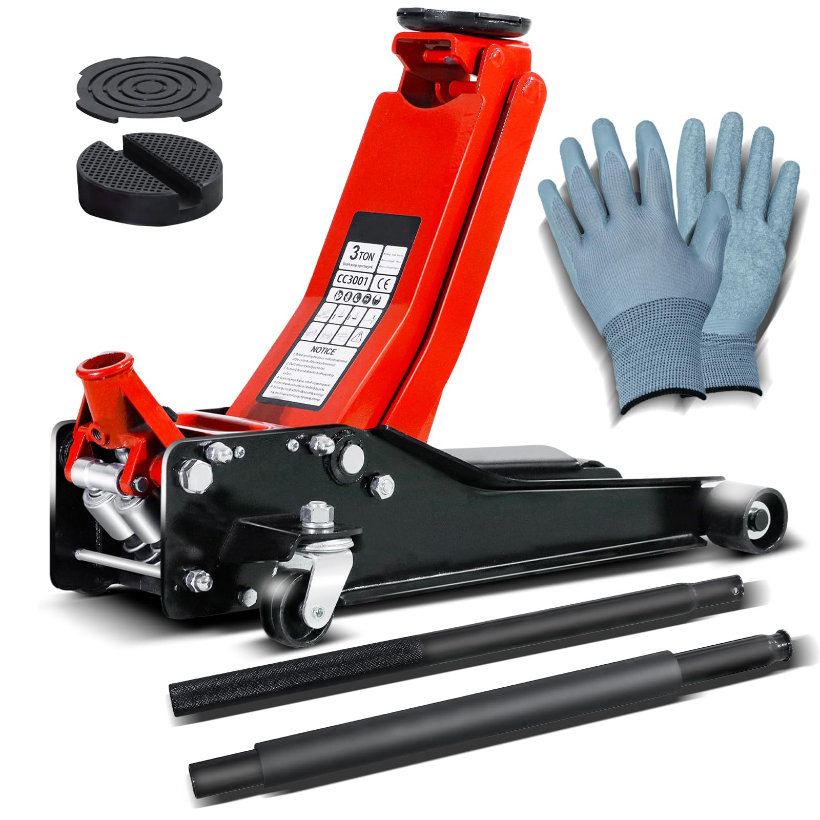 CCLIFE Cric Hydraulique Extra Plat 3T Cric Voiture Hauteur de Levage de 75-510mm Gants de Montage Coussin en Caoutchouc Support mécanique