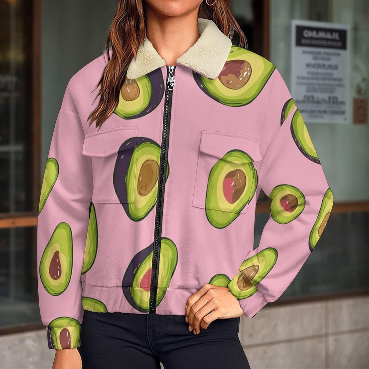 Womens Fuzzy Fleece Jacket with Cute avocado Printed, Zip Up Lapel Sherpa Lined Coats, Casual Winter Warm Outwear