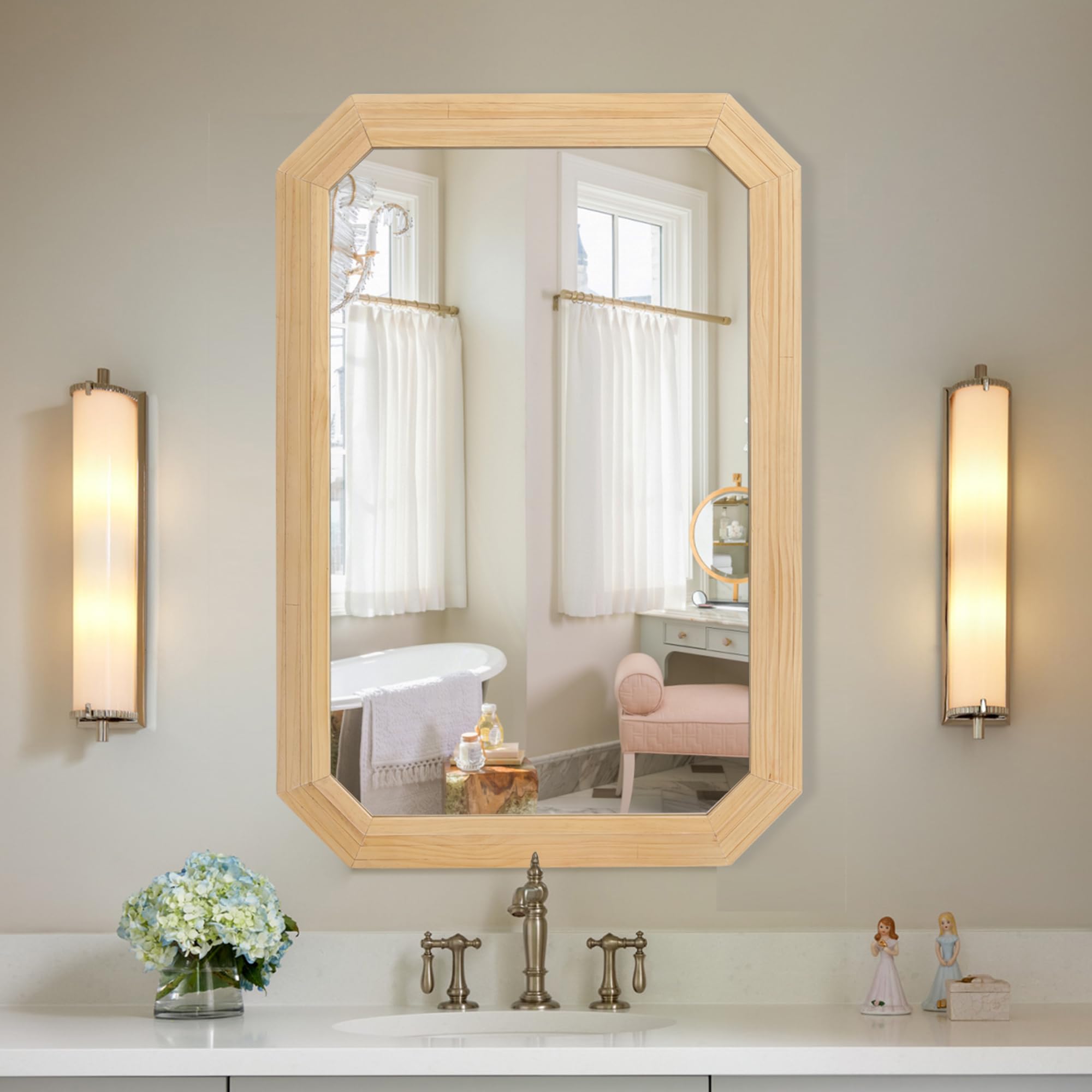 Glitzhome ファームハウス 壁掛けミラー 八角形の木製フレーム 素朴なヴィンテージ装飾 玄関 寝室 リビングルーム バスルーム ドレッサー用 八角形ミラーの通販
