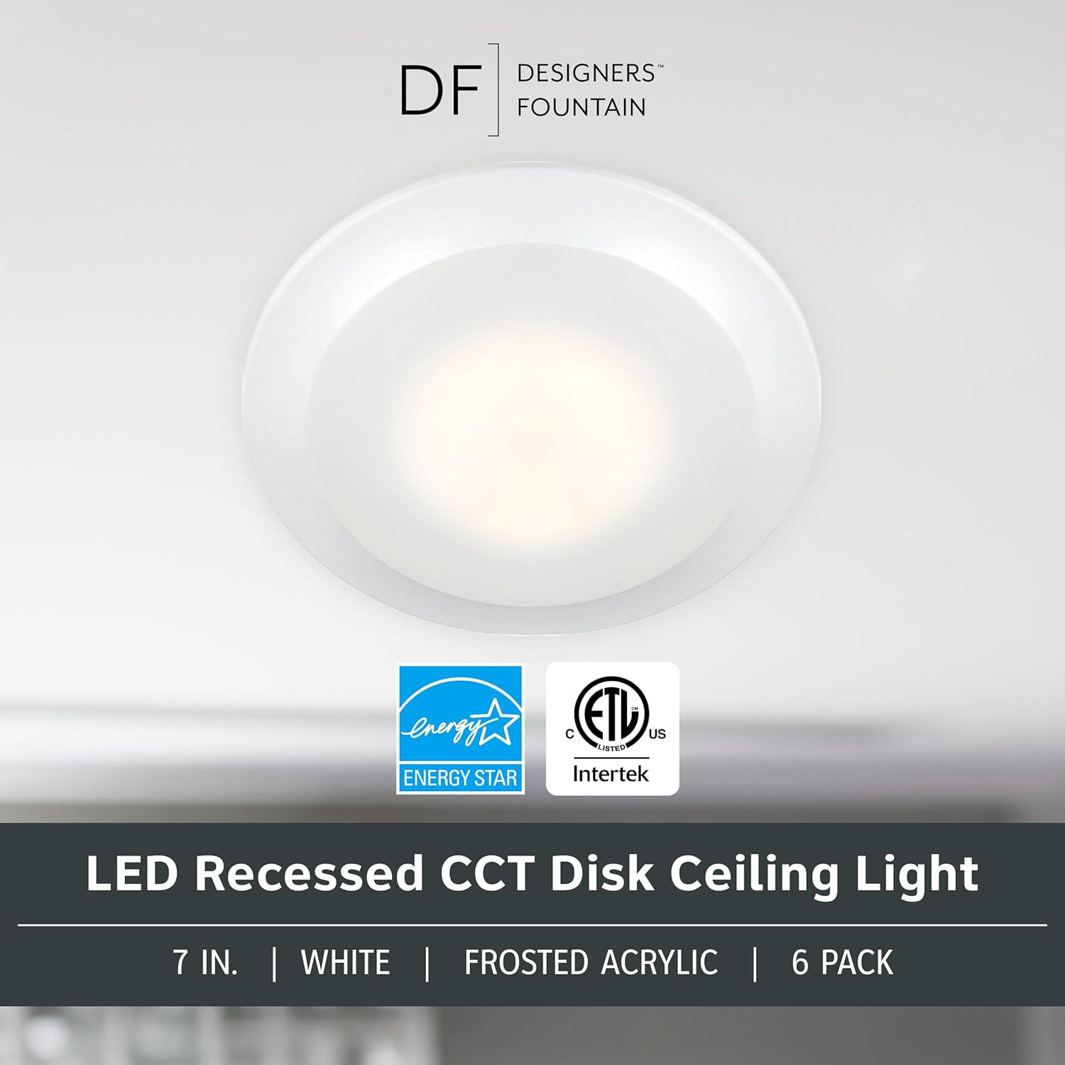 Designers Fountain LED Recessed Ceiling Lights 6 Pack, 7 inch CCT Disk Light Fixtures, Dimmable, 1000 Lumens, 3000K /4000K, White Trim, RC7WHWH8102C-6