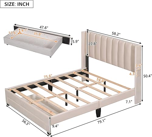 Miniatura 48 de Cama de plataforma de tamaño Queen con cajones para dormitorio, marco de cama tapizado de terciopelo para niños, niñas, adolescentes y adultos, no