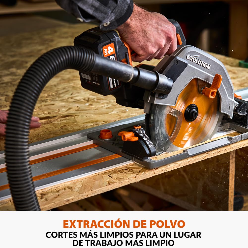 Evolution Power Tools R185CCSX-Li Sierra circular sin cable compatible con carril 18v Li-Ion EXT Incluye hoja multi-material TCT, corta madera, metal, plástico, batería y cargador incluidos, 185mm