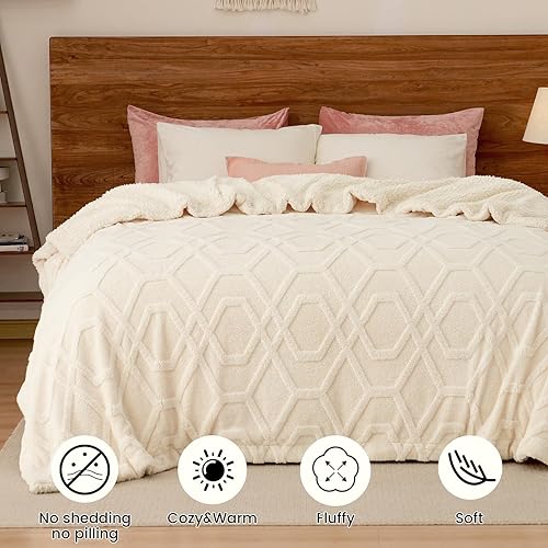 Miniatura 4 de PHF Manta de forro polar Sherpa copetudo, tamaño individual, manta cálida de sherpa jacquard 3D de 500 GSM, manta reversible y gruesa para invierno,