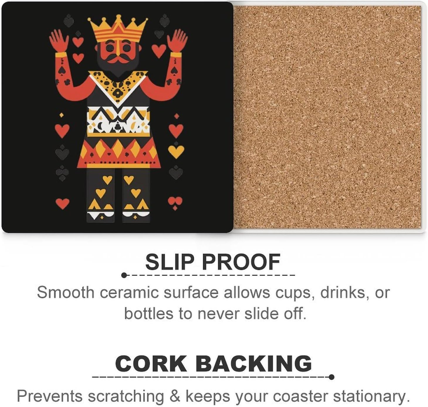 Poker King Funny Ceramic Coasters for Drinks Absorbent Cup Holder Tabletop Protector with Cork Base
