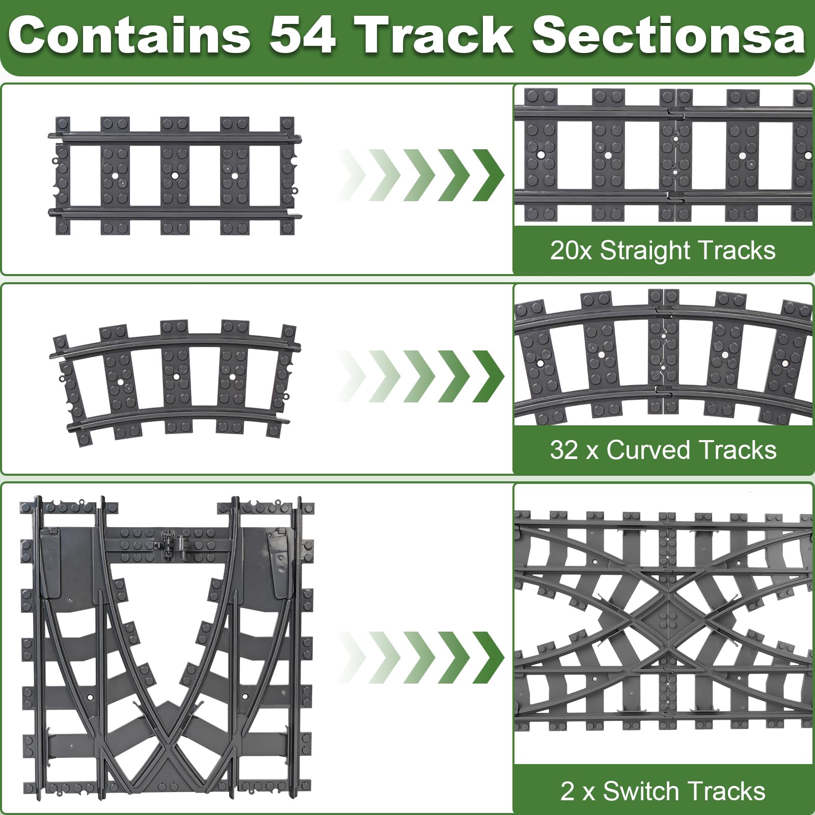 Bausteine Zug Schienen Set, 54 Stück City Zug Schienen Set, Bestehend aus Cross Track Gerade, Kurven Schienen, City Erweiterungsset Gleise Kompatibel mit dem Marktführer, für Kinder Geschenk