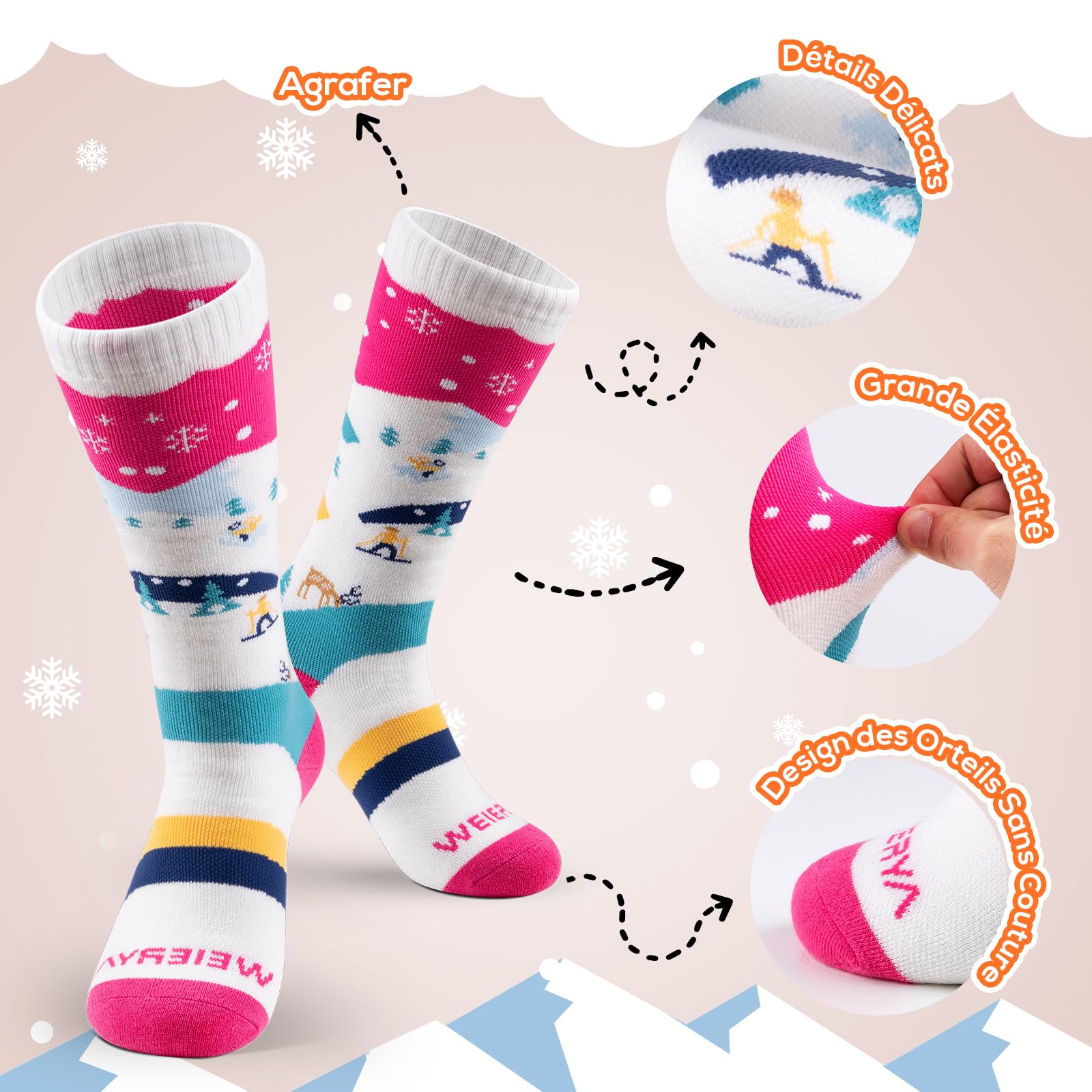 Chaussettes de Ski pour Enfant, Chaussettes Thermiques de Ski pour Garcon et Fille, 3 Paires