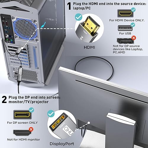 Miniatura 4 de Adaptador HDMI a DisplayPort 4K a 60Hz HDMI activo 2.0 macho a DP 1.2 hembra Convertidor HDMI unidireccional Cable compatible con HDCP 2.2 para PC,