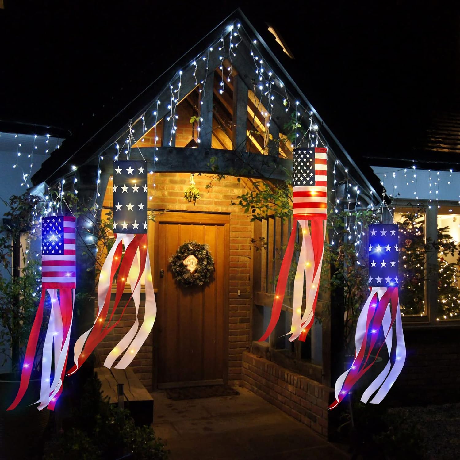 Mudder 4 Pcs 40 Inch 4th of July Decorations Outdoor USA Flag Windsock American Flag Outdoor Windsock with Hoop Embroidered Stars Stripes USA 250th Anniversary Patriotic Hanging Banner with LED Lights