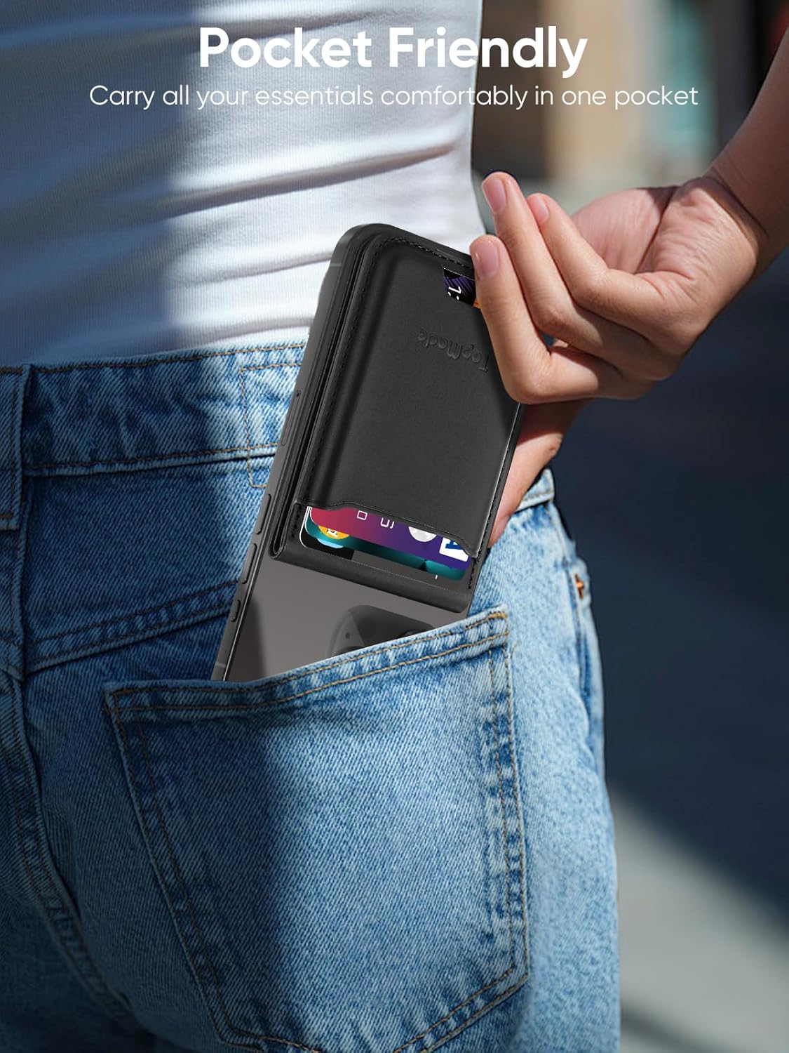 TopMade Phone Card Holder, Leather Phone Wallet Stick on with Stand, Open ID Window, Strongest 3M Adhesive Credit Card Holder for Back of Phone Case, iPhone, Samsung, and Android, Fit 6 Cards, Black - Image 8