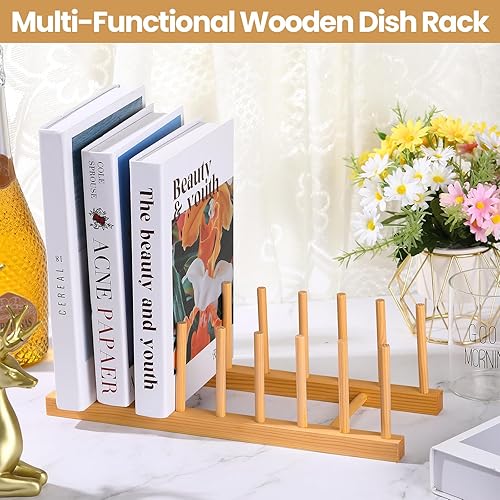 Miniatura 3 de Domensi Estante de secado de platos de bambú para platos de madera, organizador de tapa de olla, organizador de platos de madera de bambú para