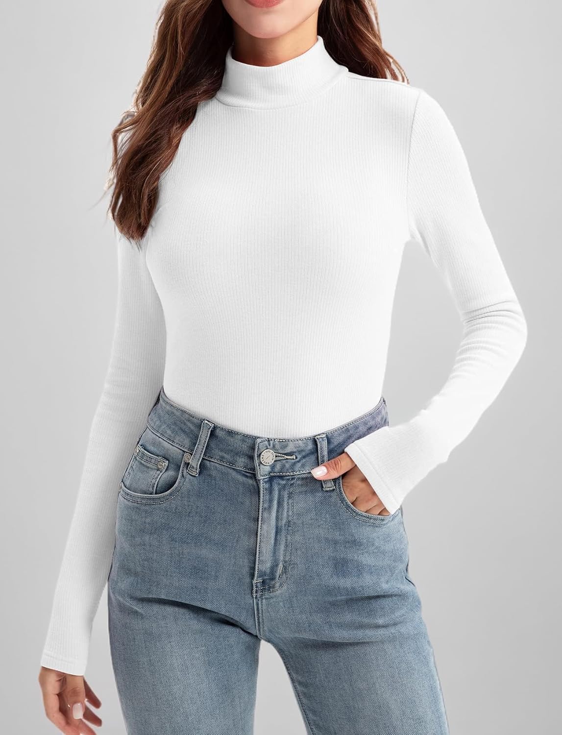 Zengjo Womens Mock Neck Long Sleeve Tops Ribbed Thermal Baselayer Shirt Stretch - Image 8