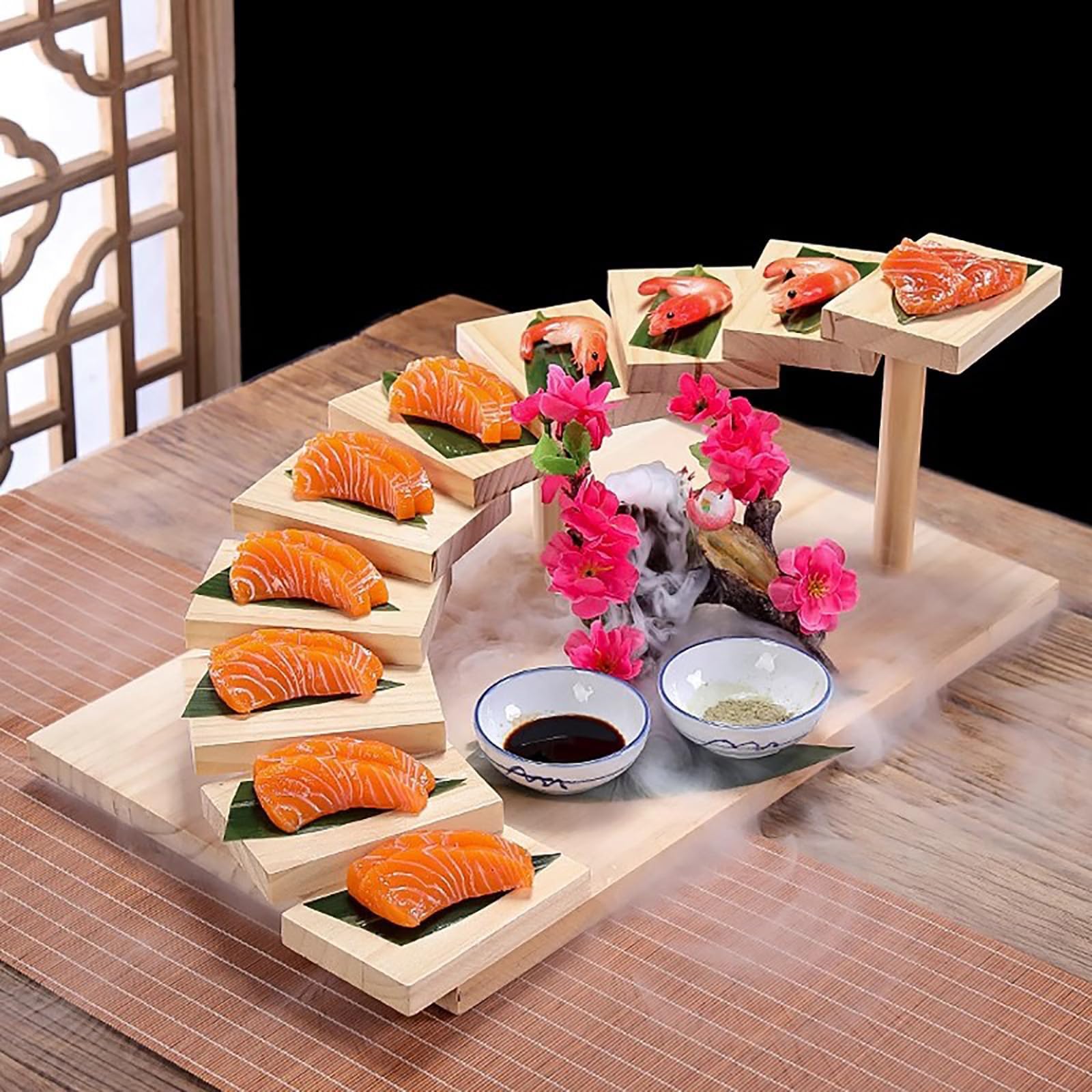 Drewniana taca do serwowania sushi, duży obrotowy talerz sashimi do restauracji, na przyjęcia i rodzinne kolacje, 70 x 40 cm naczynie geta