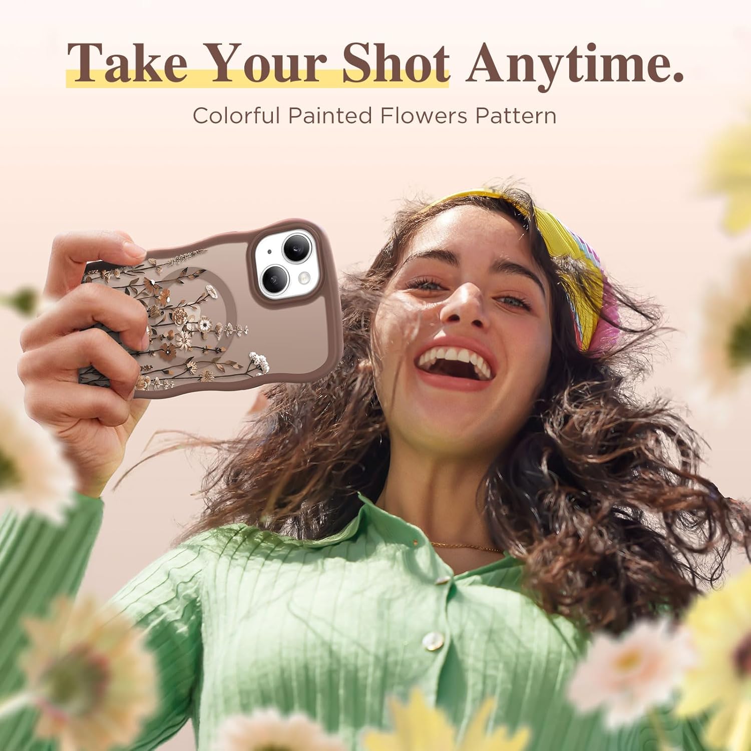 GVIEWIN Cute for iPhone 14 Case & iPhone 13 Case [Compatible with MagSafe] [Curly Wave Edge] Floral Translucent Magnetic Shockproof Protective Phone Cover for iPhone 14/13 6.1'', Floratopia/Brown - Image 7